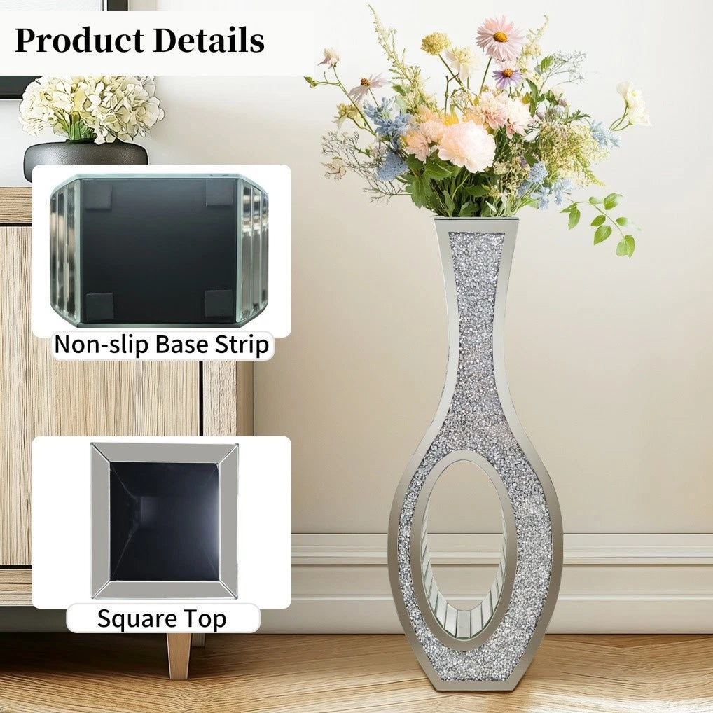 P&P 30-Inch Tall Double Sided Crushed Diamond Floor Vase Large Mirrored Silver Crystal Decor