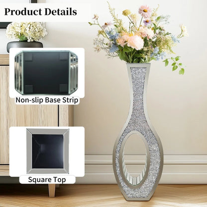 P&P 30-Inch Tall Double Sided Crushed Diamond Floor Vase Large Mirrored Silver Crystal Decor