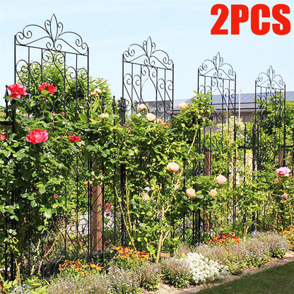 Two three-panel trellis fences supporting climbing plants