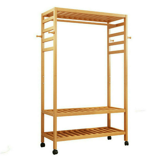 165cm bamboo clothes rack with wheels and three storage shelves