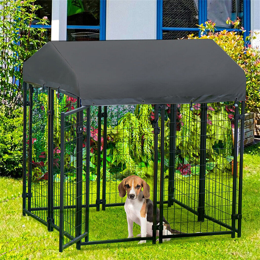 P&P Black Powder Coat Steel Frame Dog Kennel Pet Playpen Enclosure Dog House w Roof