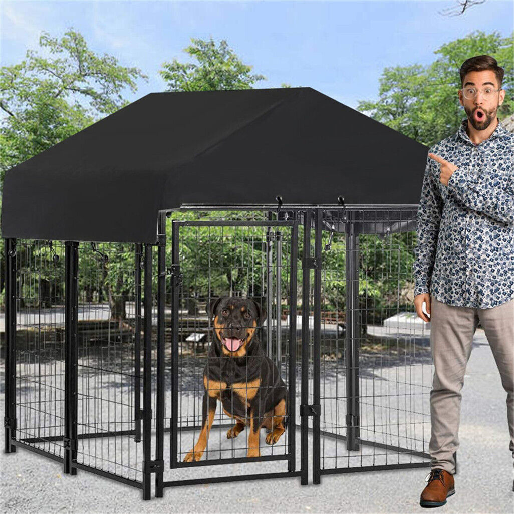 P&P Black Powder Coat Steel Frame Dog Kennel Pet Playpen Enclosure Dog House w Roof
