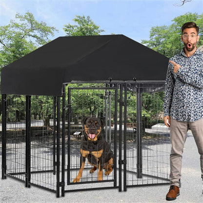 P&P Black Powder Coat Steel Frame Dog Kennel Pet Playpen Enclosure Dog House w Roof