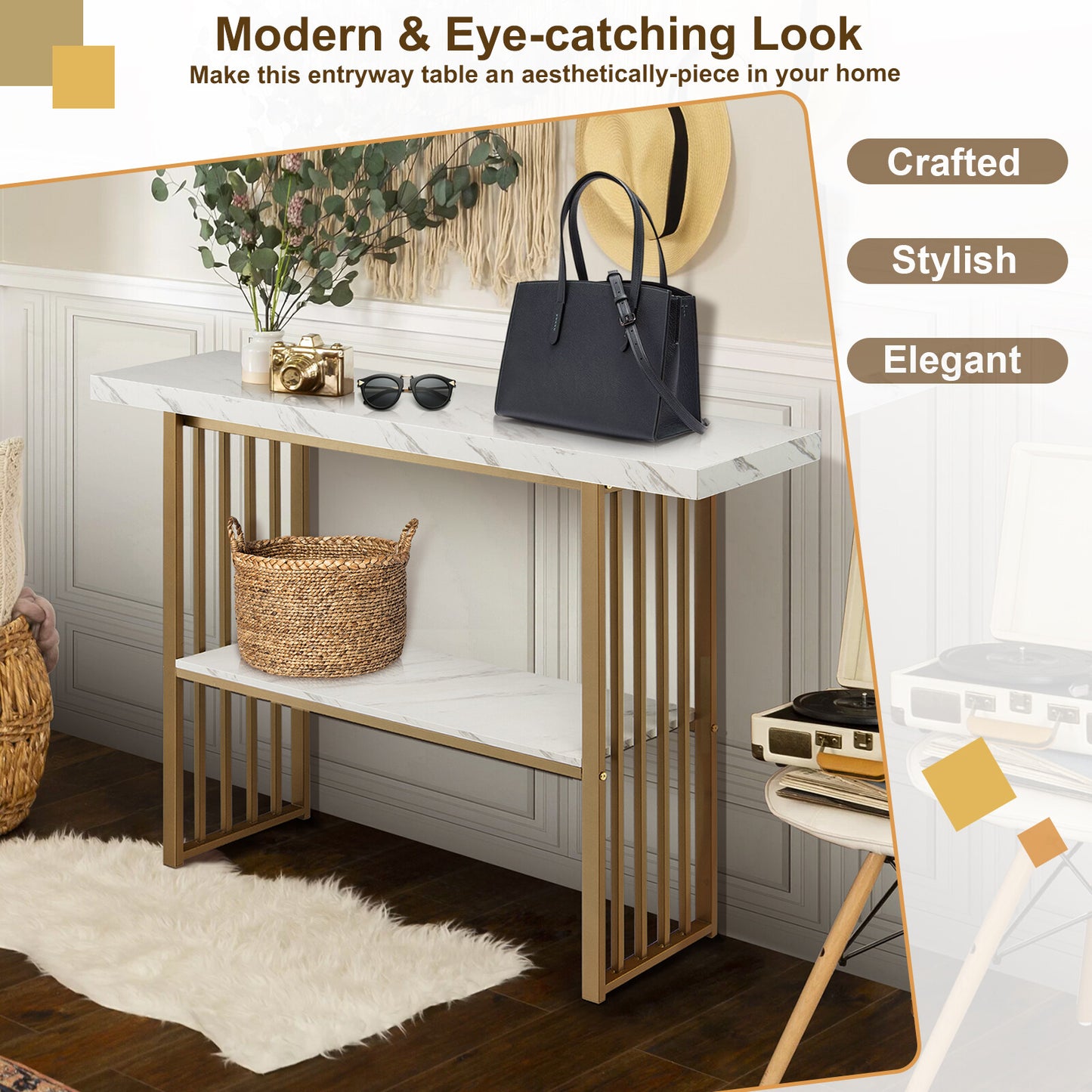 Console Table 2-Tier Beside Sofa Table with Faux Marble Tabletop Hallway