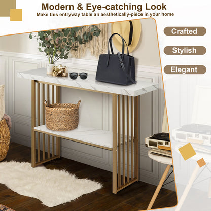 Console Table 2-Tier Beside Sofa Table with Faux Marble Tabletop Hallway