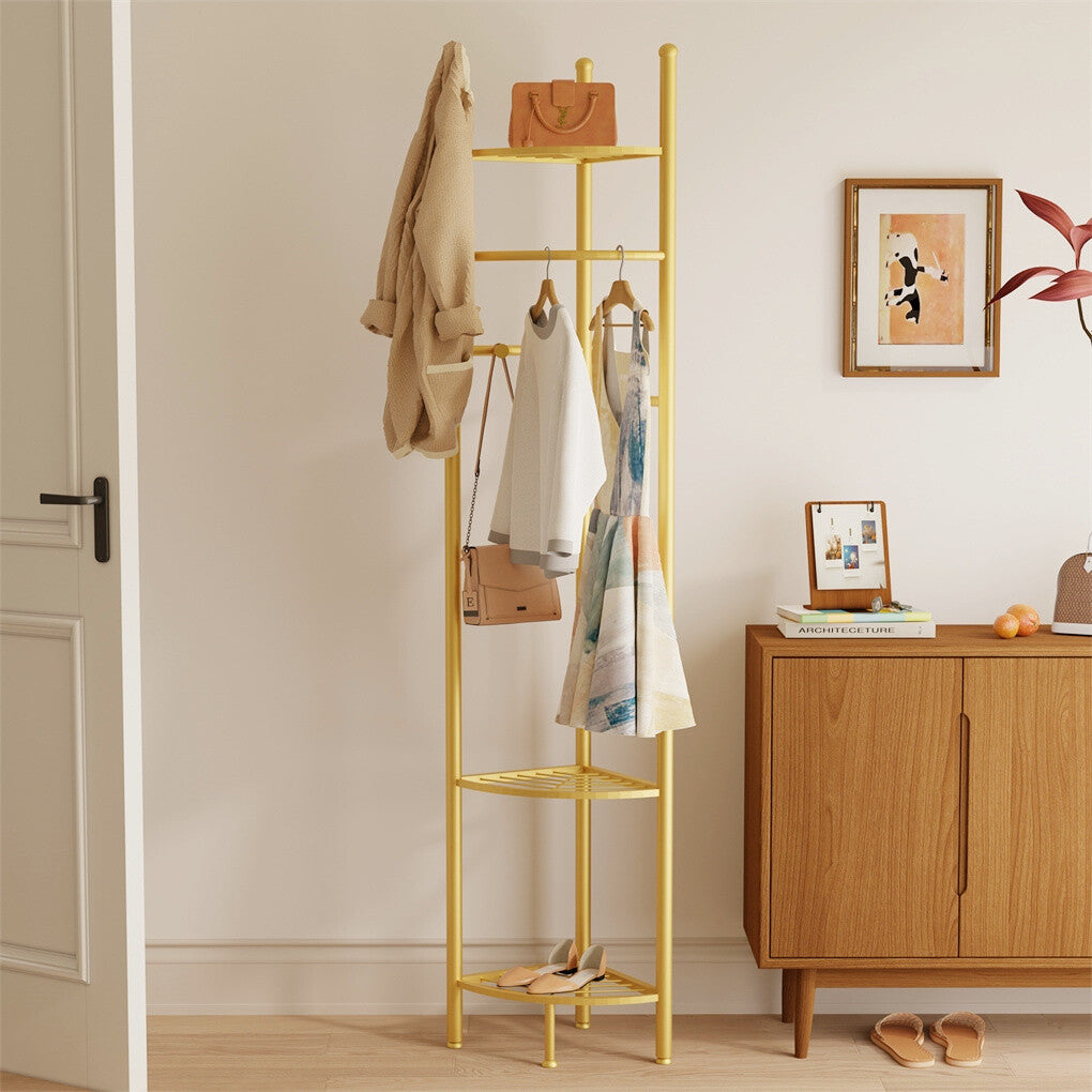 Adjustable foot pad on gold metal corner coat rack