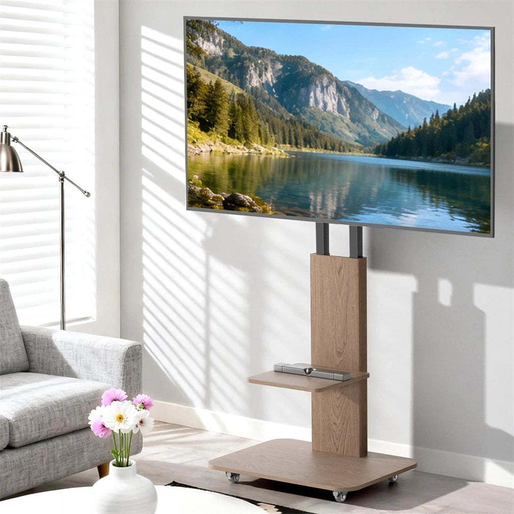 40-75 Inch Floor TV Stand with Height Adjustment & 2 Storage Shelves, Rolling Free-Standing TV Mount Bracket with Tilt, Black Steel Frame & Walnut Wood Base, Fits VESA 300ï¿½200 to 600ï¿½400mm