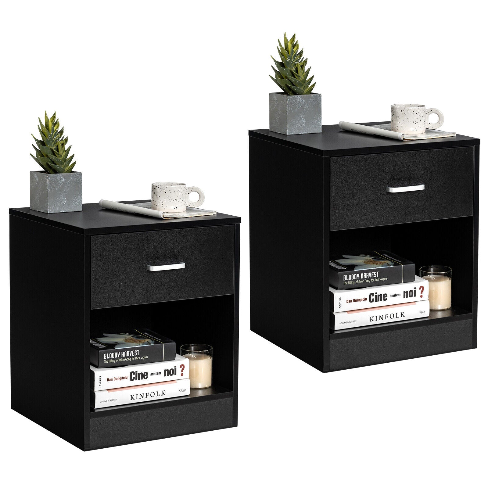 2PCS Black Nightstand with Drawers & Storage Cabinet
