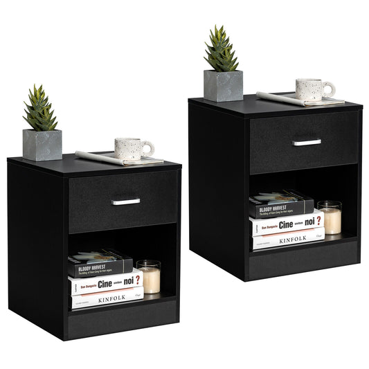 2PCS Black Nightstand with Drawers & Storage Cabinet