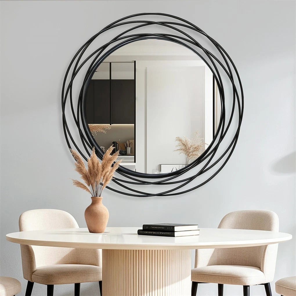 Round Black Iron Wire Frame Wall Mirror - Modern Geometric Hanging Mirror - Decorative Circle Metal Wall Mirror for Living Room Bedroom Entryway