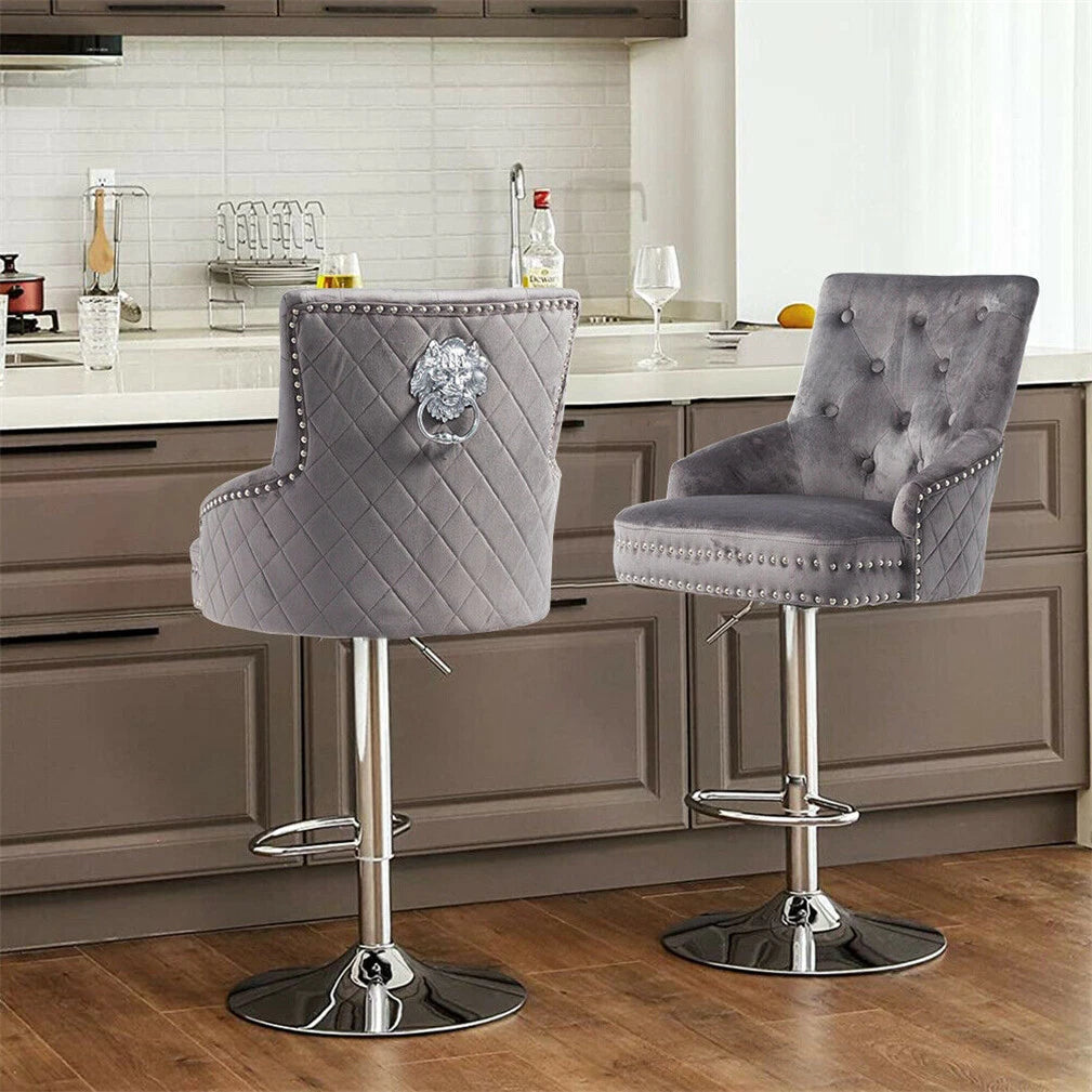 Adjustable gray velvet bar stool with chrome base