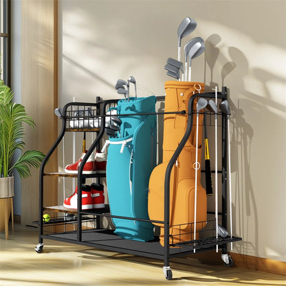Rolling golf bag storage rack with durable frame