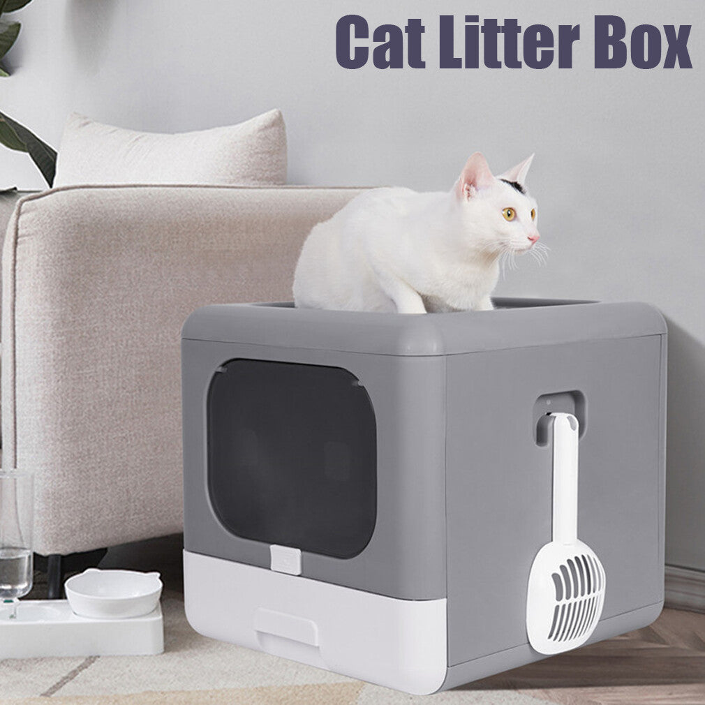 Foldable cat litter box with pull-out cleaning tray