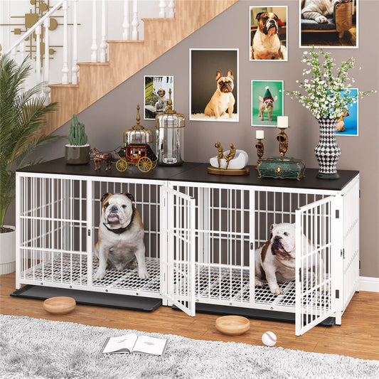 Wooden dog crate with removable tray and three doors