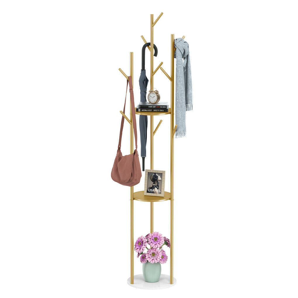 P&P Gold Metal Floor Coat Rack Stand Independent Marble Base Hat Clothes Hanger Tree