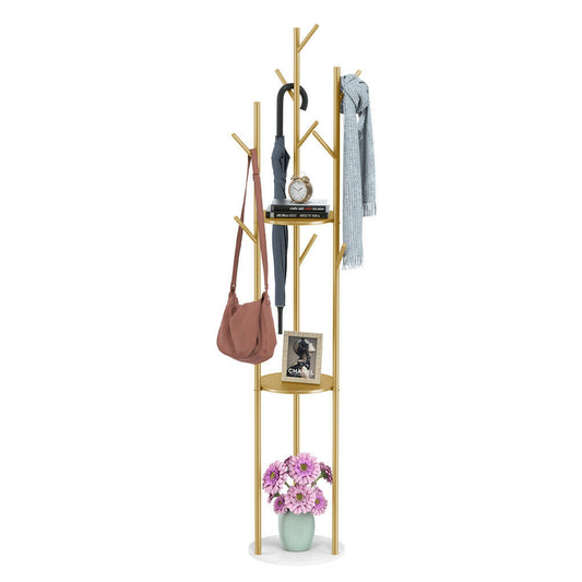 P&P Gold Metal Floor Coat Rack Stand Independent Marble Base Hat Clothes Hanger Tree