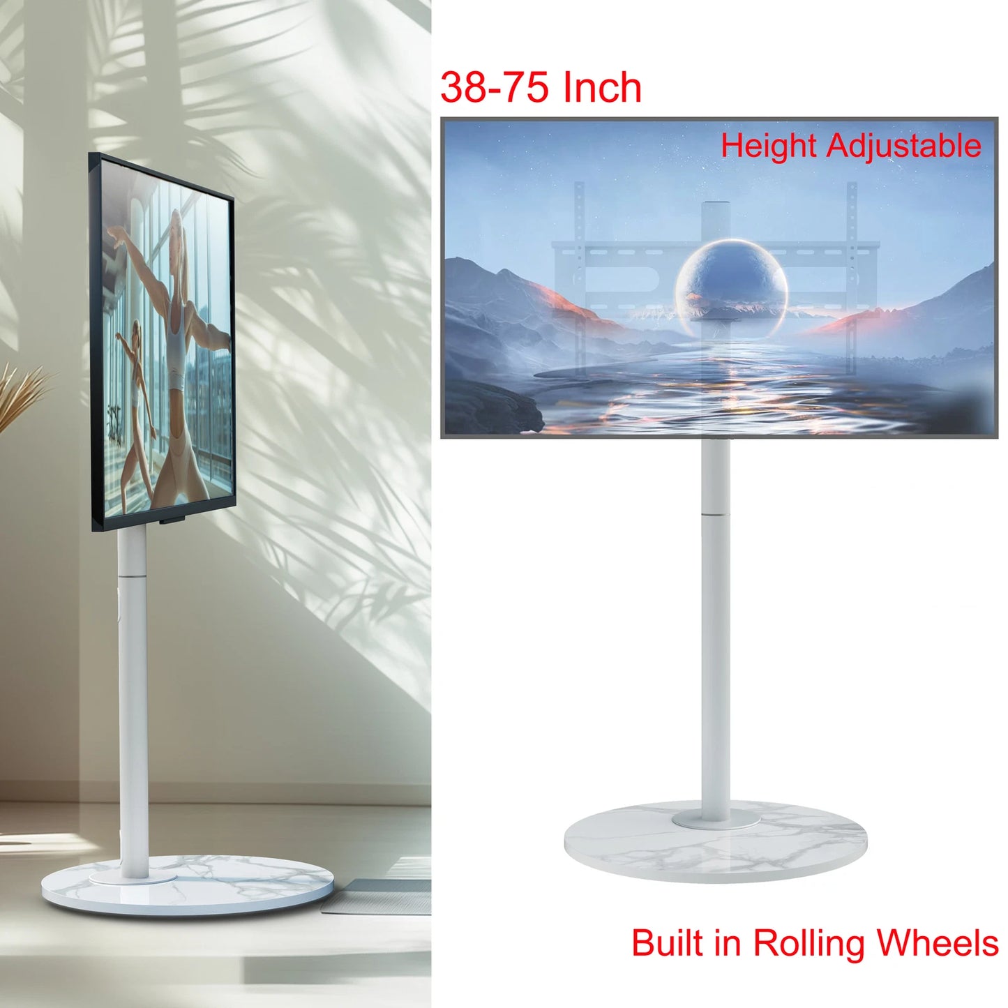 Adjustable white TV stand with sintered stone base