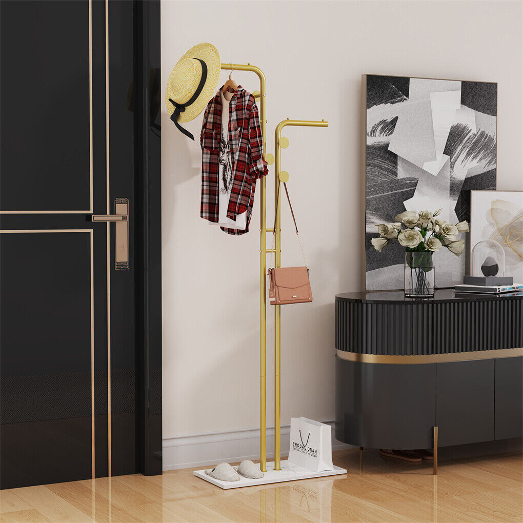 P&P Gold Double-pole Coat Rack Sturdy Marble Base Stand Freestanding Hall Tree wHook