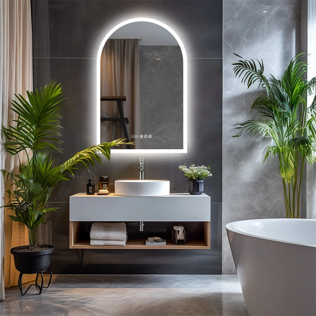 Arched illuminated bathroom mirror with touch controls