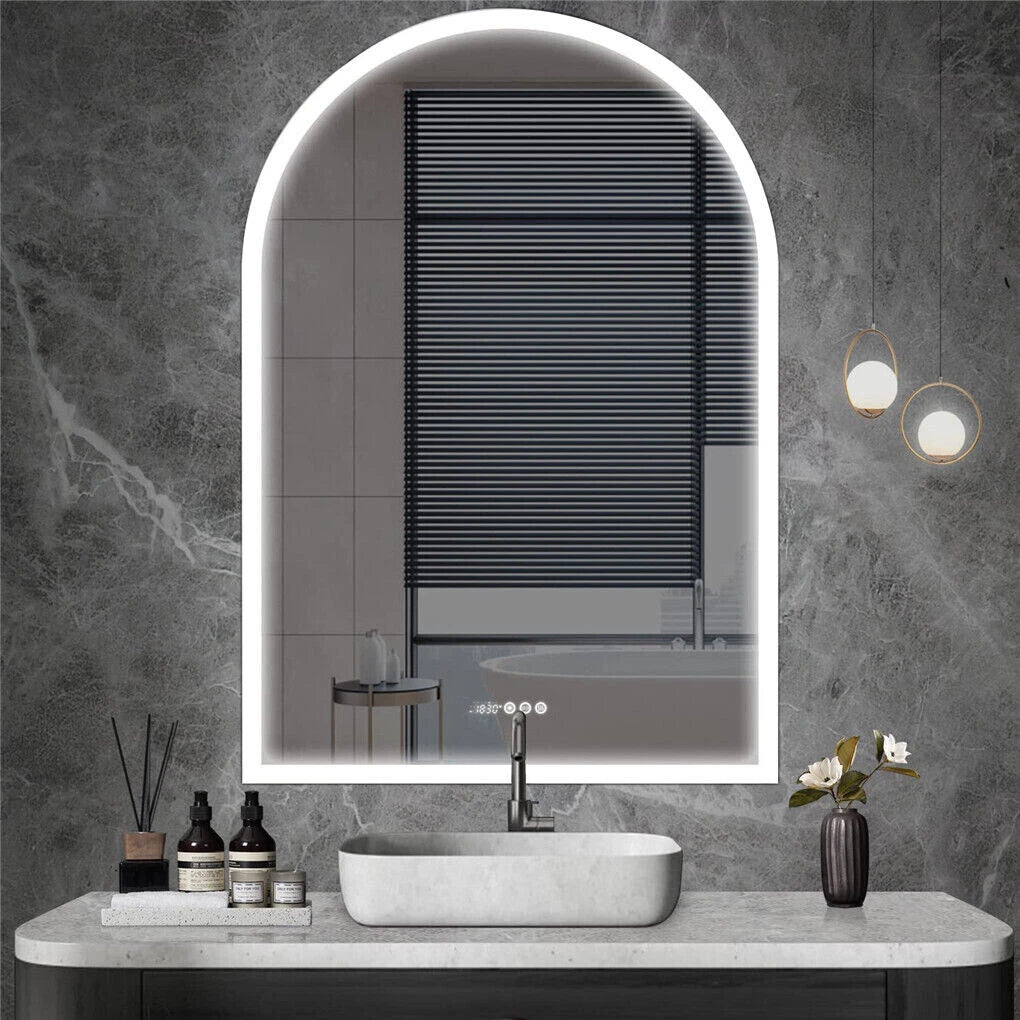 Arched LED bathroom mirror lighting and anti-fog features
