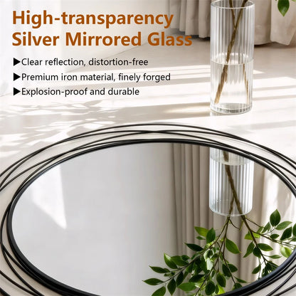 Round Black Iron Wire Frame Wall Mirror - Modern Geometric Hanging Mirror - Decorative Circle Metal Wall Mirror for Living Room Bedroom Entryway