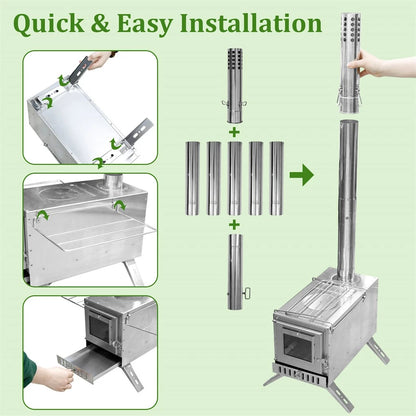 Portable Wood Burning Camping Stove with Chimney Pipes - Stainless Steel Tent Heater Cooker - Hot Tent Stove with Spark Arrestor - Outdoor Hiking Heating Stove