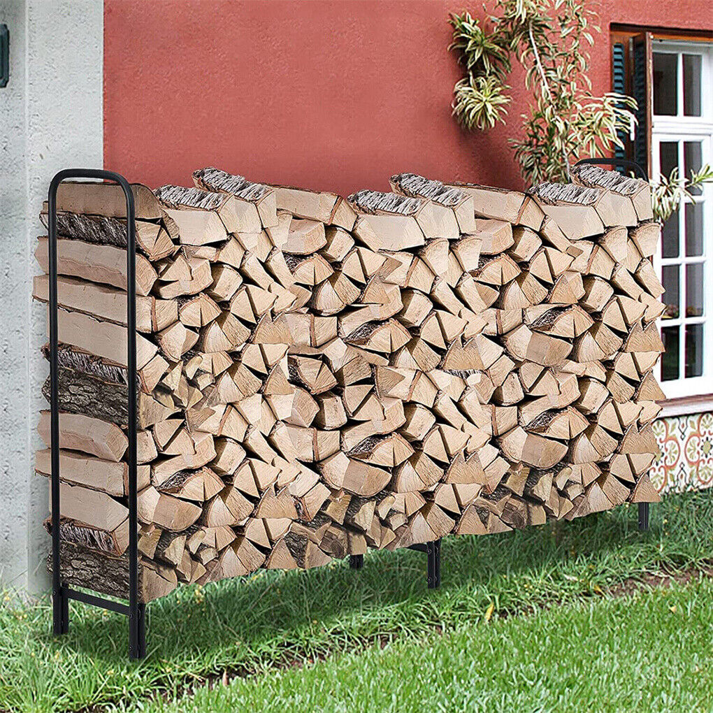 Elevated firewood rack stacked with logs
