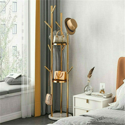 P&P Gold Metal Floor Coat Rack Stand Independent Marble Base Hat Clothes Hanger Tree