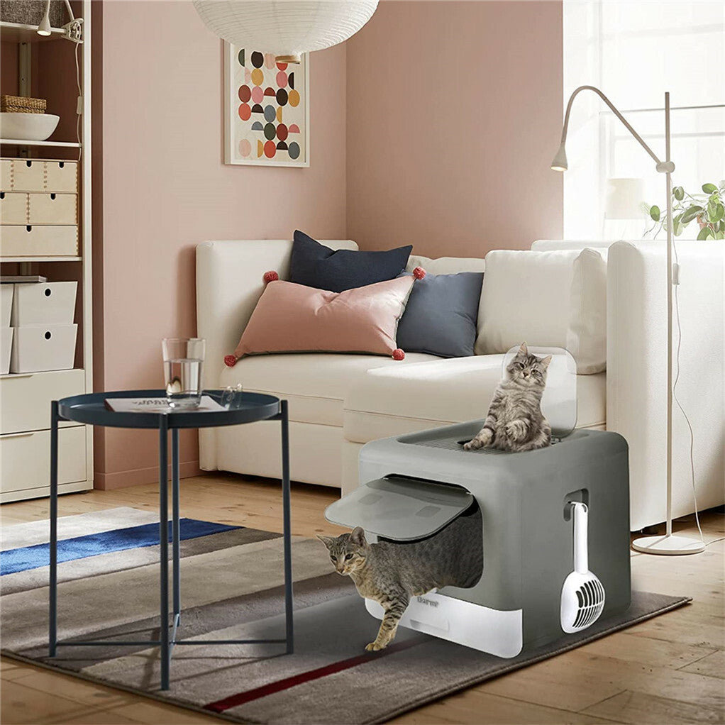 Cat litter box top exit grid and carrying handle detail