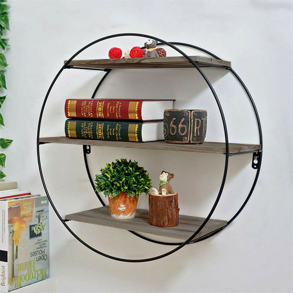 P&P Large Round Wall Unit Industrial Iron Style Retro Metal Wood Home Shelf Storage