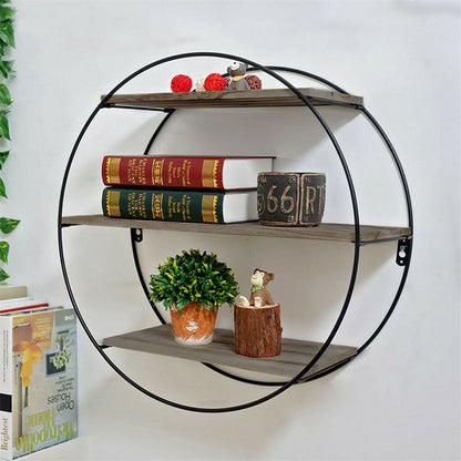 P&P Large Round Wall Unit Industrial Iron Style Retro Metal Wood Home Shelf Storage