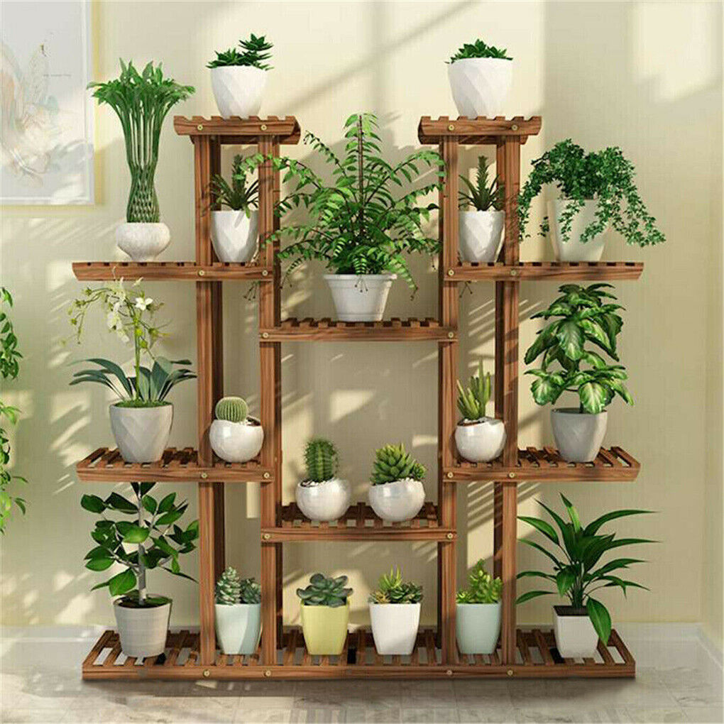 Open slatted shelves on the pine plant display