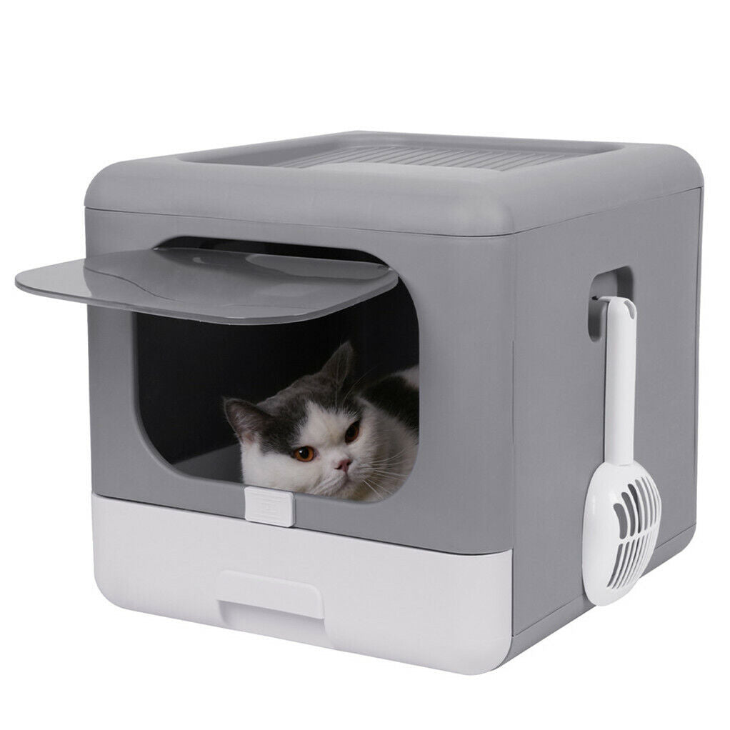 Grey enclosed cat litter box with front entry and top exit