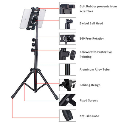 Portable tripod tablet stand shown fully extended
