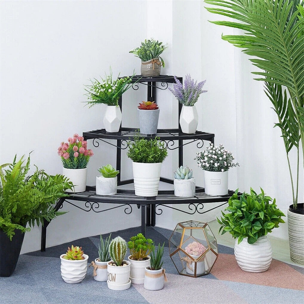 3 Tier Metal Plant Stand Corner Flower Pot Display Rack Indoor Outdoor Flower Shelf Black Iron Ladder Organizer