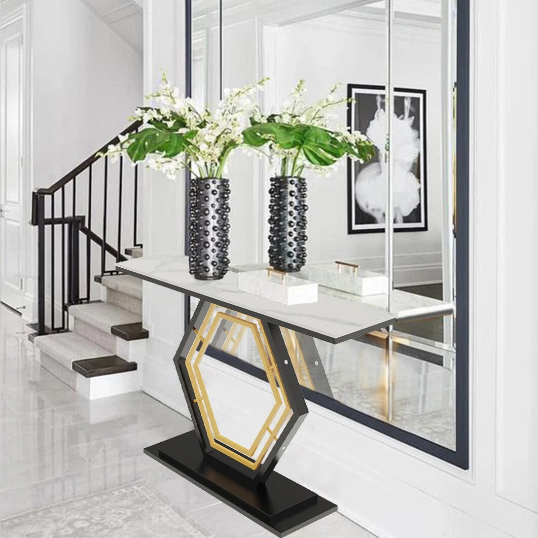 Geometric gold and black console table, side angle