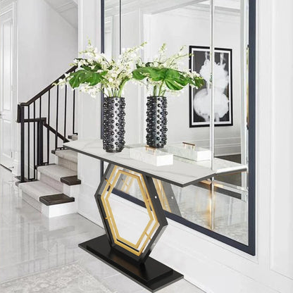 Geometric gold and black console table, side angle