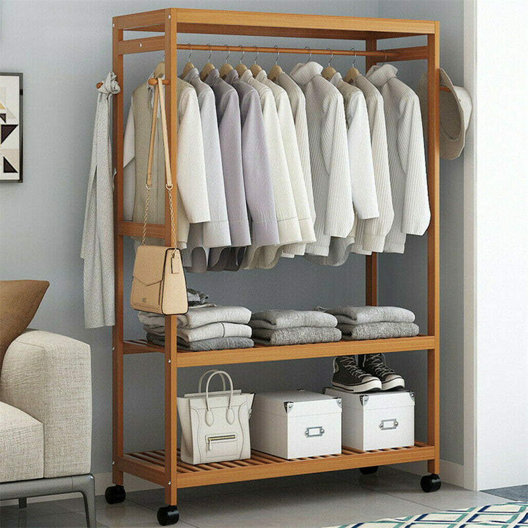 Mobile bamboo clothes rack for garments shoes and bags