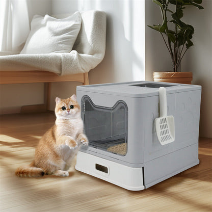 Cat litter box slide-out tray and scoop