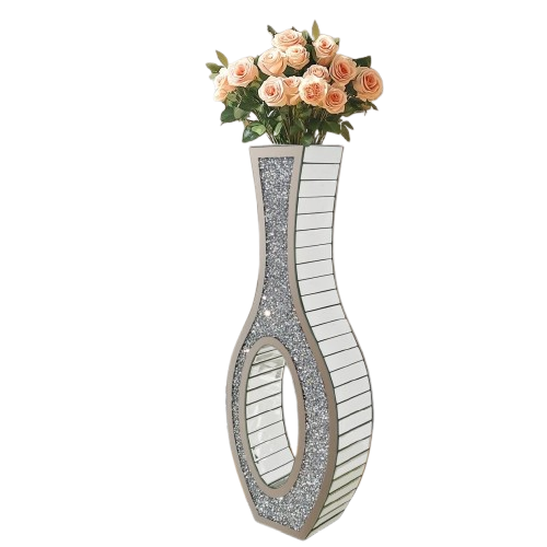 P&P 30-Inch Tall Double Sided Crushed Diamond Floor Vase Large Mirrored Silver Crystal Decor