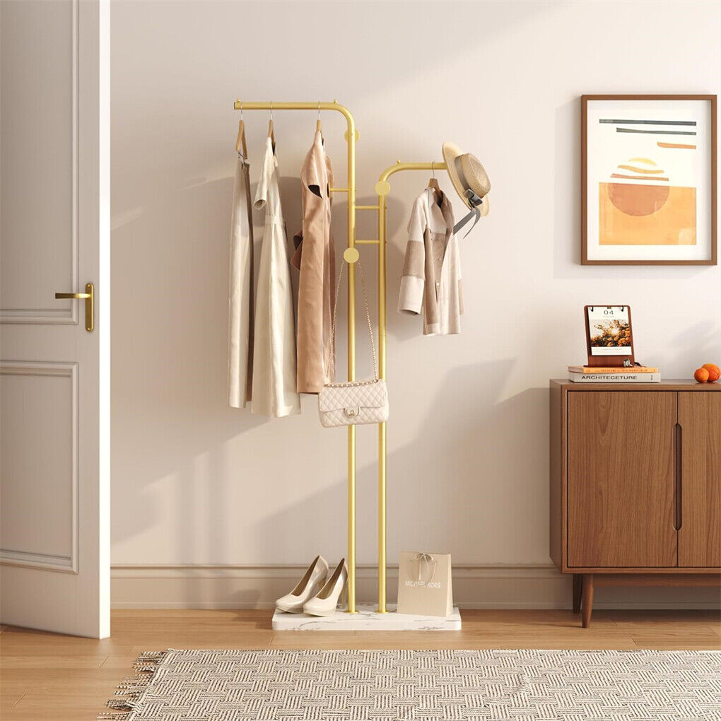 P&P Gold Double-pole Coat Rack Sturdy Marble Base Stand Freestanding Hall Tree wHook