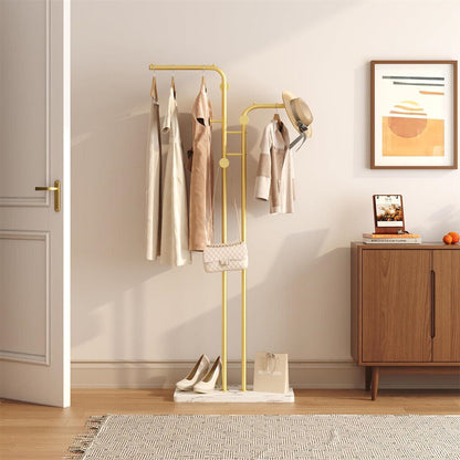P&P Gold Double-pole Coat Rack Sturdy Marble Base Stand Freestanding Hall Tree wHook