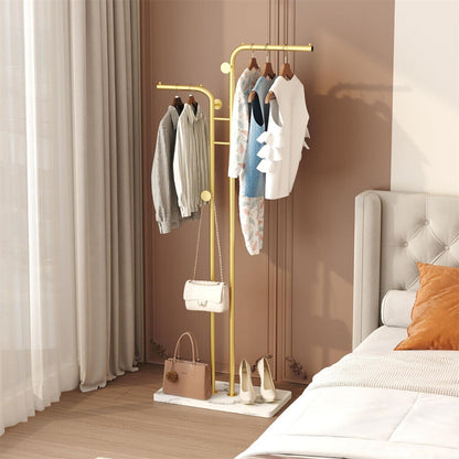P&P Gold Double-pole Coat Rack Sturdy Marble Base Stand Freestanding Hall Tree wHook