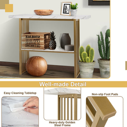 Console Table 2-Tier Beside Sofa Table with Faux Marble Tabletop Hallway
