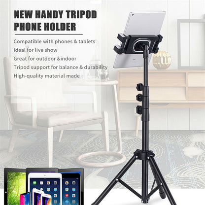 Adjustable tablet floor stand holding a tablet