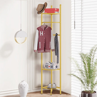 Three-tier gold corner coat rack storage layout
