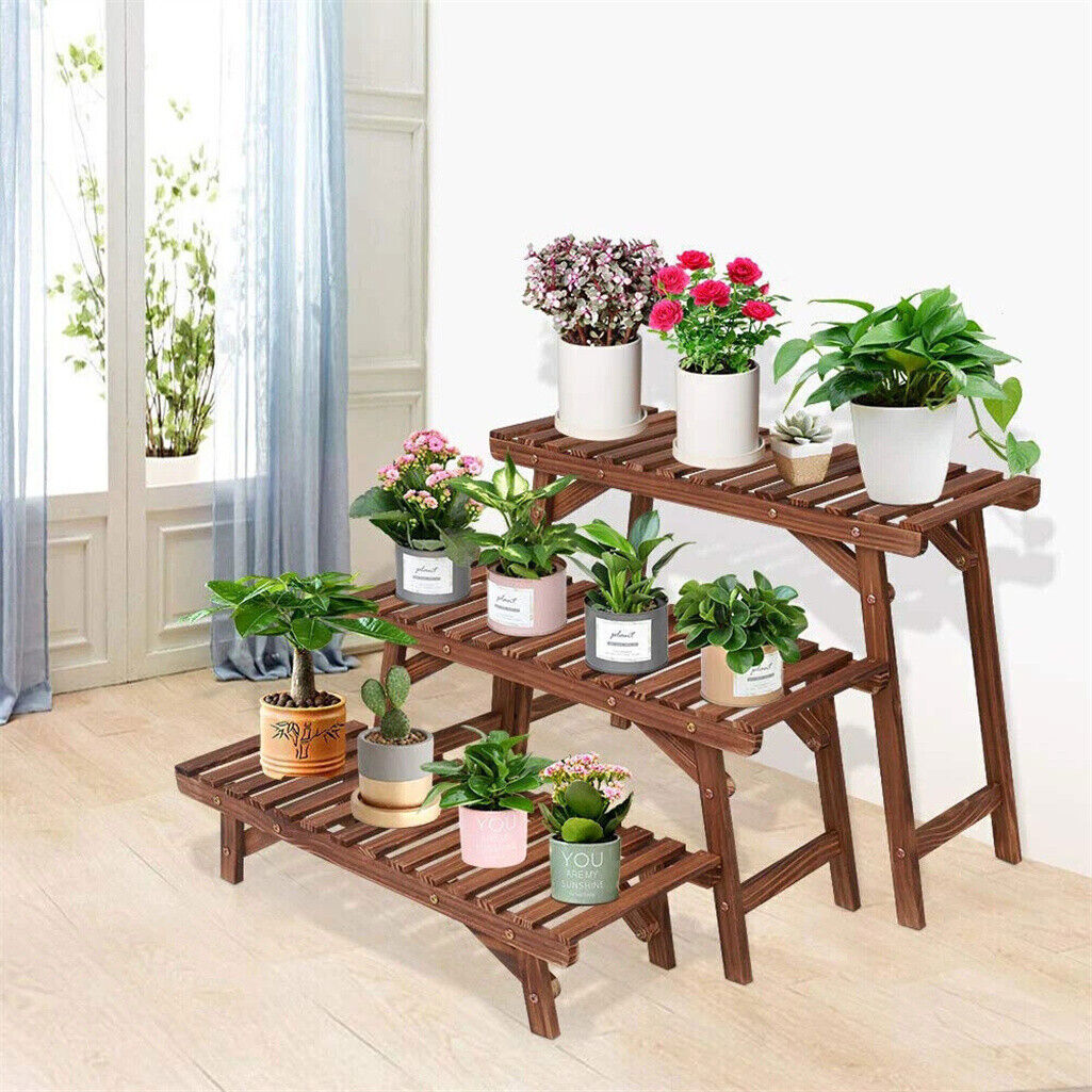 P&P DIY 3 Tier Wide Ladder Plant Stand Outdoor Step Heavy Duty Wood Rack Stair Style