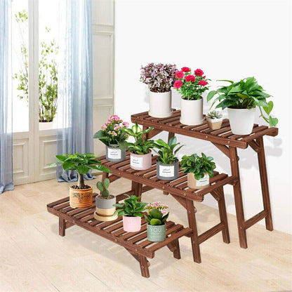 P&P DIY 3 Tier Wide Ladder Plant Stand Outdoor Step Heavy Duty Wood Rack Stair Style