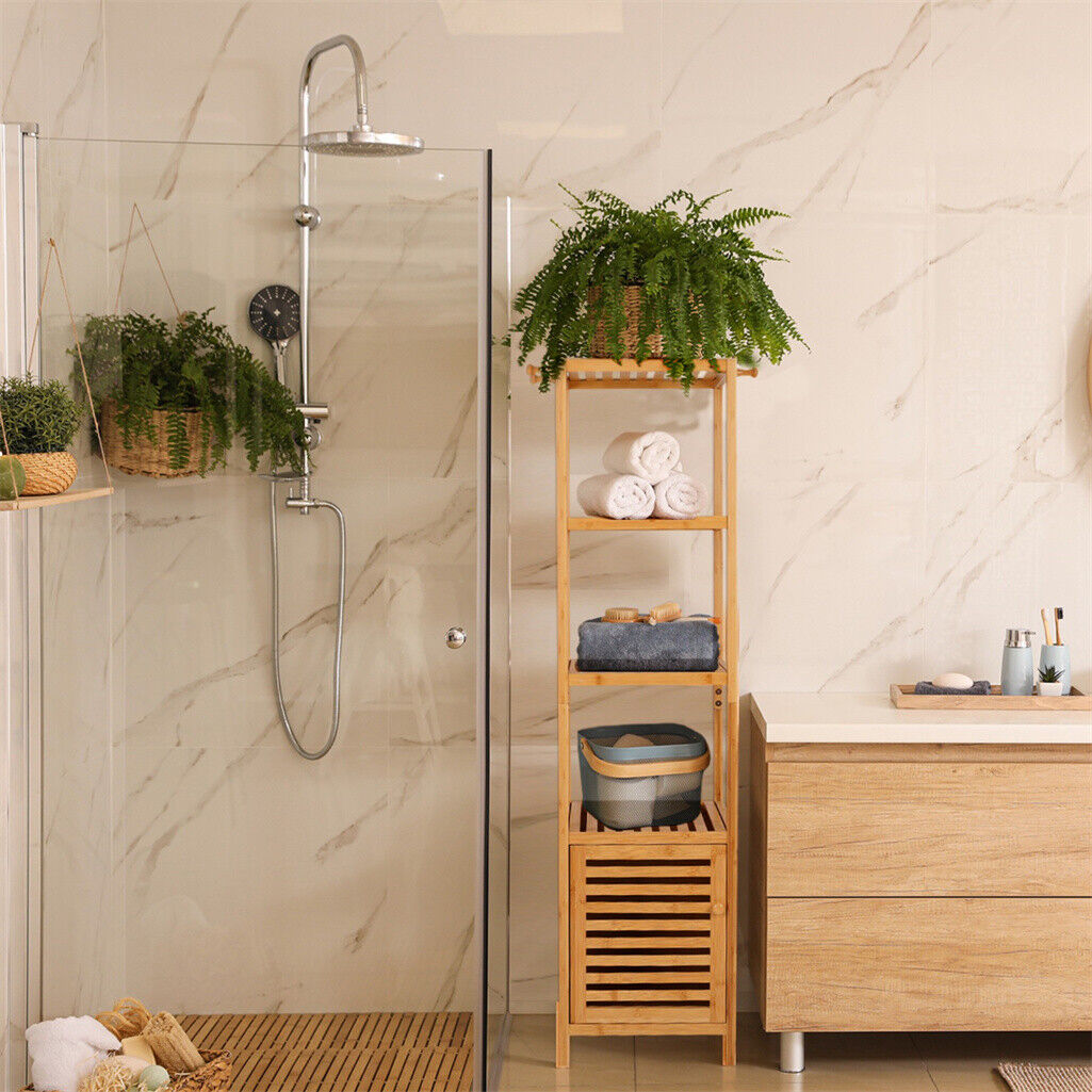 P&P Large Wooden Bathroom Storage Cabinet Slim Cupboard Organizer w 4 Shelf & 3 Hook