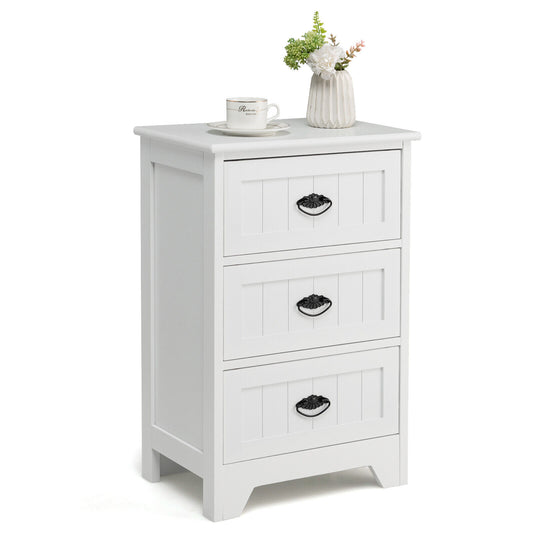 White Wooden Bedside Table with 3 Drawers